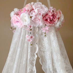 Princess bed Baldachin Canopy for a Girl&#39;s room Lace canopy Tulle Flower Canopy for nursery over Cot canopy Flower mobile Floral canopy pink