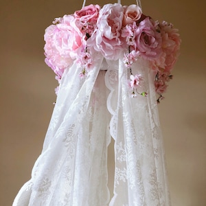 Canopy girl room decor Baby nursery mobile Lace Canopy decor Princess room decor mobile white lace hanging canopy romantic room decor floral