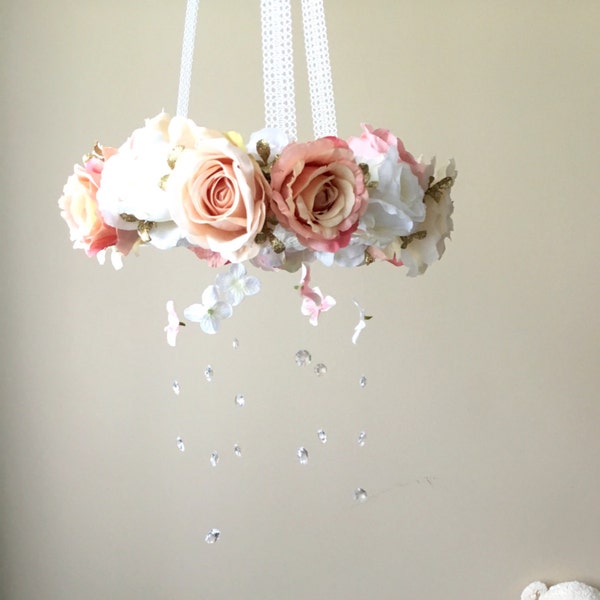 Baby mobile, Flower mobile with genuine Swarovski crystals / Crib mobile, Nursery decor, Wedding chandelier, Rose gold nursery