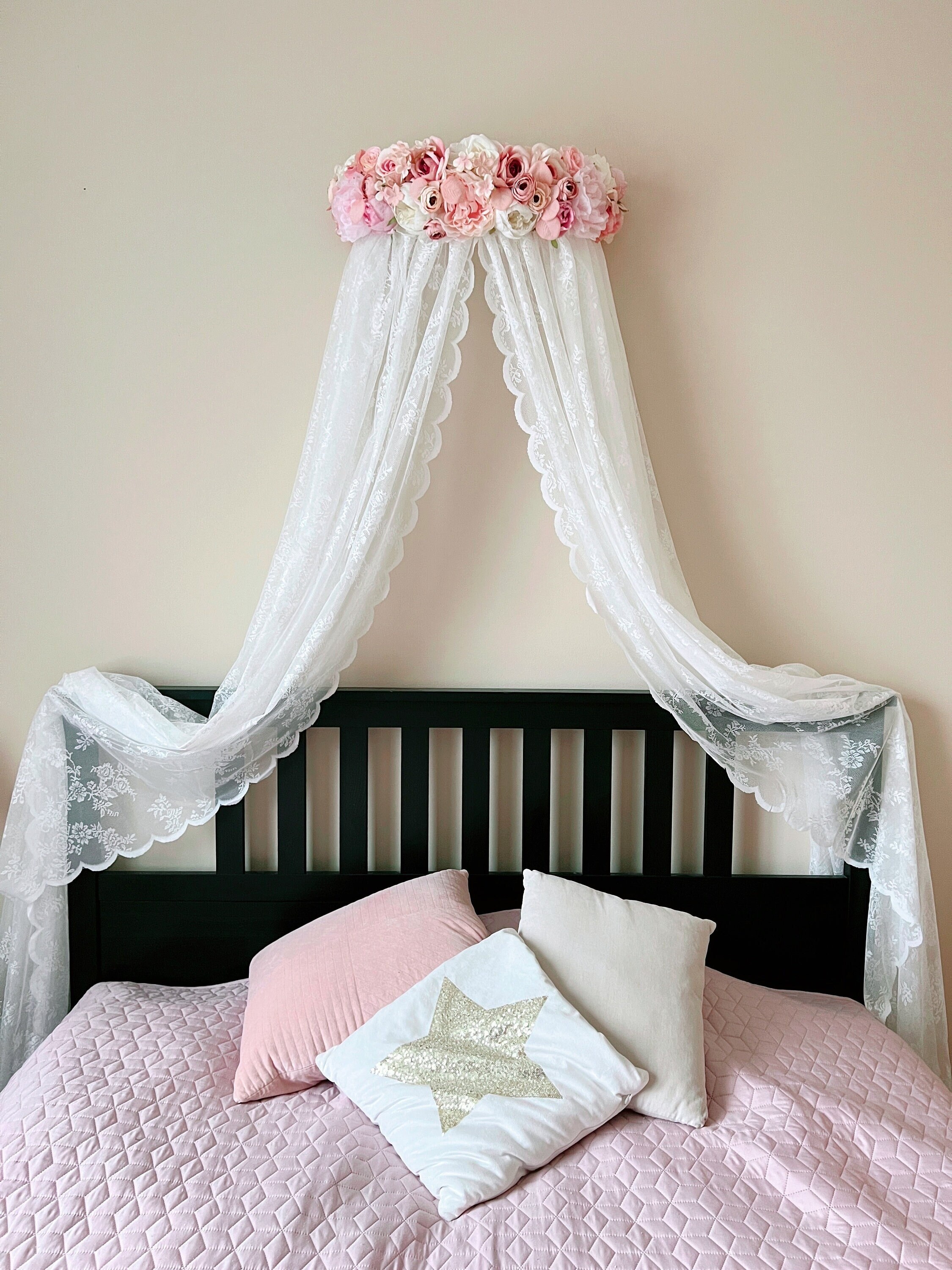 Eimilaly Baldacchino Da Principessa Per Letto Singolo/Matrimoniale, Doppio Strato Con Stelle Ritagliate, Tessuto Traspirante E Lavabile, Rosa