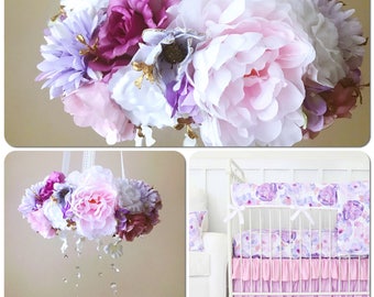 Flower mobile, Flower chandelier, Baby mobile, Floral mobile, Flower mobile with Swarovski / Crib chandelier, Purple and violet, Caden lane
