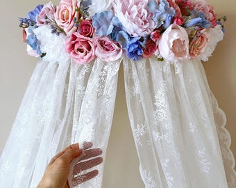 Dosel floral para cama – Dosel de media luna de princesa, decoración para guardería, habitación de niña, fondo floral para pared, arco de boda, dosel para cama infantil