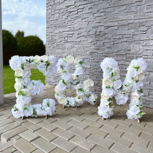 Letras independientes para bodas de verano en blanco y verde Letras de flores blancas Decoración de entrada grande Despedida de soltera personalizada en blanco puro