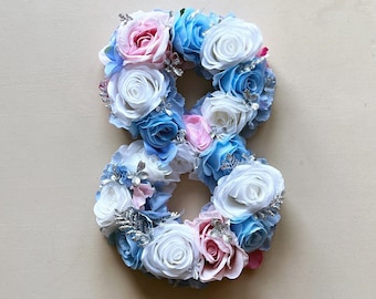 Grande lettre florale, décoration de fête congelée, 15''/19''/24", numéro floral, chambre de bébé lettres fleurs, accessoire photo 1er anniversaire, décor bleu et blanc