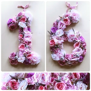 Letra floral grande, número floral, accesorio fotográfico para primer cumpleaños, fiesta infantil, arreglo floral, números independientes, decoraciones de mesa grandes, dulces 16