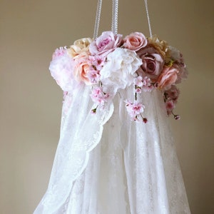 Canopy for Princess room Baby nursery mobile Canopy bed crown Lace Canopy nursery Floral canopy Hanging Cot canopy Flower mobile blush pink
