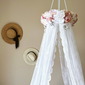 Canopy for Princess room Baby nursery mobile Canopy bed crown Lace Canopy nursery Floral canopy Hanging Cot canopy Flower mobile blush pink