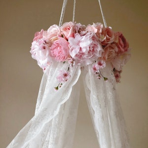 Princess Canopy for girl room decor Baby nursery mobile Lace Canopy with Flowers decor Princess room decor floral mobile pink hanging flower