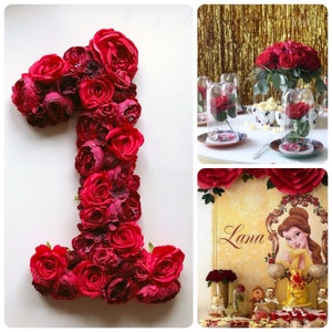 Número floral grande con temática de La Bella y la Bestia, decoración roja, accesorio para fotos de dulces 16, decoración de mesa para cumpleaños número 21, arreglo floral, decoración de rosas rojas