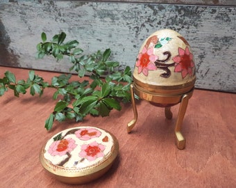 Egg with stand and lidded dish trinkets, enamelled brass, cloisonne brass egg