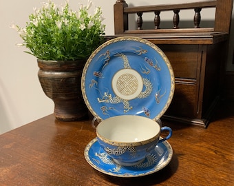 Dragonware tea trio, tea cup, saucer and side plate, blue tea trio, egg shell porcelain