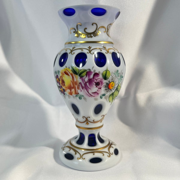 Bohemian glass vase, Czech republic glass vase, crystal cobalt blue and white hand made vase