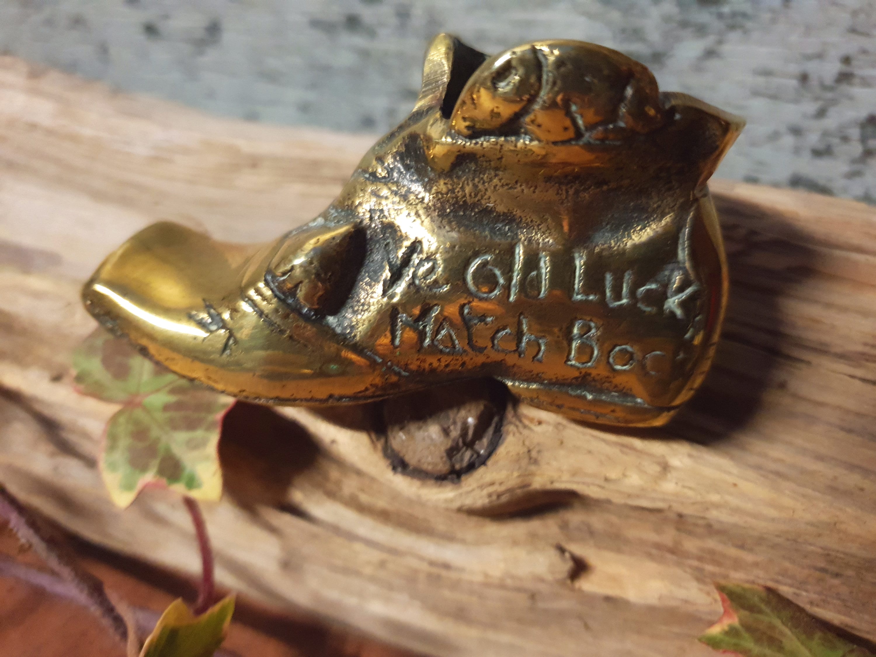 Vintage  Solid  heavy  brass  Boot Match holder "Ye Old Lucky...", Brass shoe paperweight