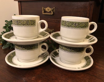 Set of 4 Steelite, Royal Doulton green  Marina pattern espresso coffee cups and saucers