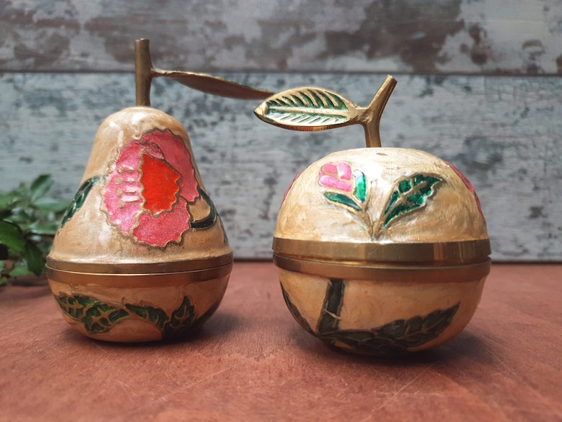 Pear and Apple enamelled brass trinkets brass apple and pear