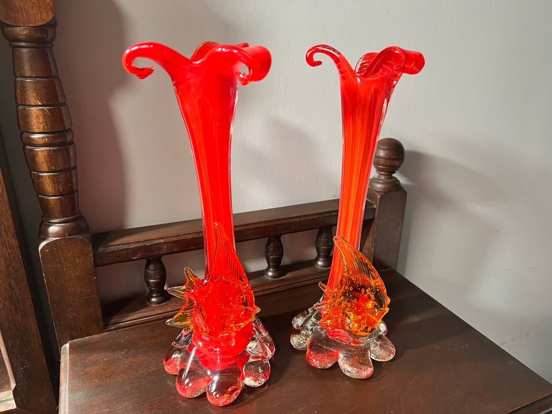 Pair of Vintage Murano Red Glass Vases With Fish, Hand Blown Glass
