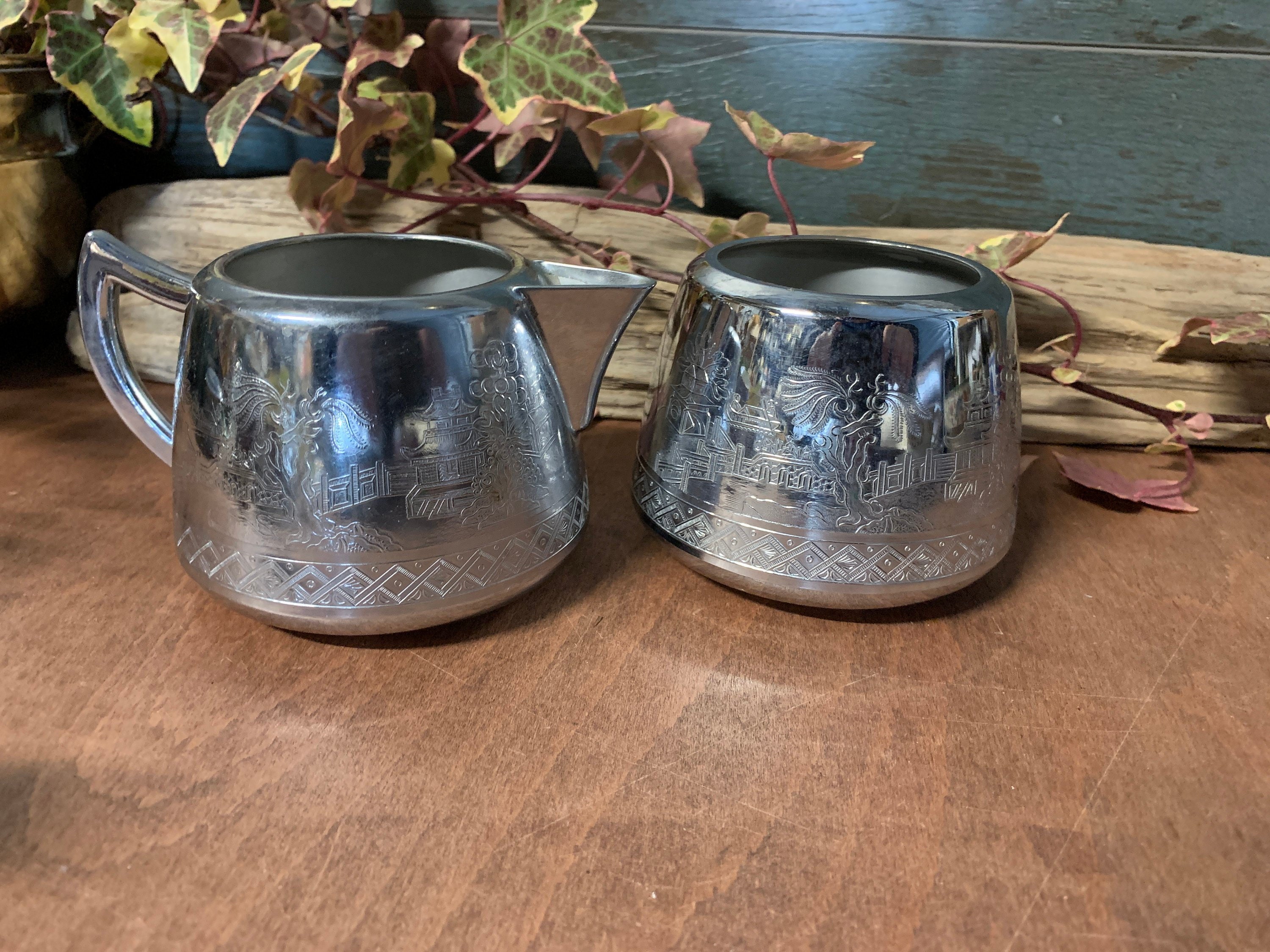 Vintage Swan Brand Willo ware metal sugar bowl and creamer set