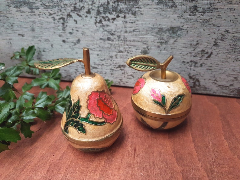 Pear and Apple enamelled brass trinkets brass apple and pear