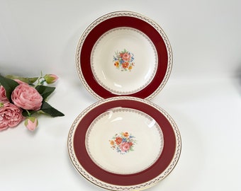 Pair of Crown Ducal 4745 pattern burgundy with flowers soup plates/bowls