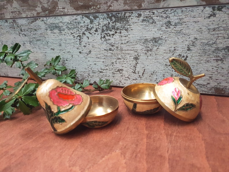 Pear and Apple enamelled brass trinkets brass apple and pear
