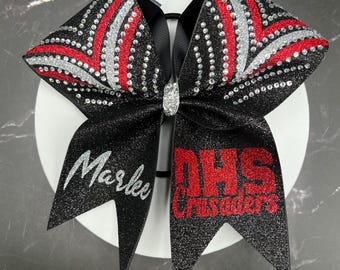 The Kira Custom cheer bow with or without rhinestones made in your team colors. Price listed is per cheer bow, competition bow, team bows.
