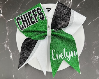 Glitter cheer bow with or without personalized names. Bows made in your team colors. Price listed is per individual bow. Glitter cheer bow