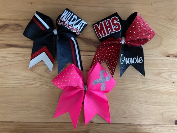 3 Custom Cheer Bows Made in Your Team Colors. Rhinestone Glitter Bow,  Half-floppy Half Stiff Bow and Breast Cancer Bow. Bow Packages 