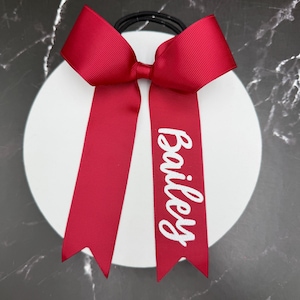 May include: A deep red hair bow made of ribbed grosgrain ribbon attached to a black elastic hair tie. The bow features two long, hanging tails with pointed ends. The name Bailey is printed in white script lettering on the right ribbon tail.