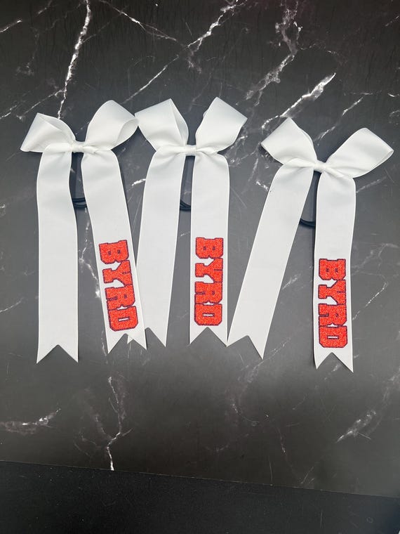 Custom college cheer bows designed in your team colors. Writing on bottom tail. Price Is per Individual skinny Bow, cheer bow, College bows