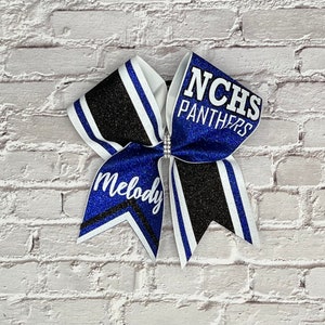 Custom Cheer Bows designed in your team colors. Price listed Is per cheer bow, comp bow for cheer, team cheer bow, glitter cheer bow