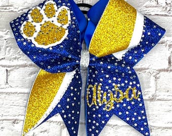 The Piper Cheer Bows designed in your team colors. Price listed Is per Individual cheer Bow, cheer bow, team cheer bow, glitter cheer bow