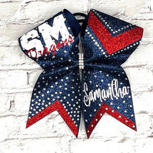 Custom rhinestone personalized cheer bow; Purple, Black and White Bow Competition Bow. Price list is per individual bow. Custom cheer