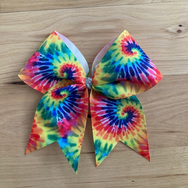 Tie Dyed Custom Cheer Bow. Price listed is per individual bow. Tie Dye Bows, Tie Dye Cheer Bow, Tie Dyed Bows