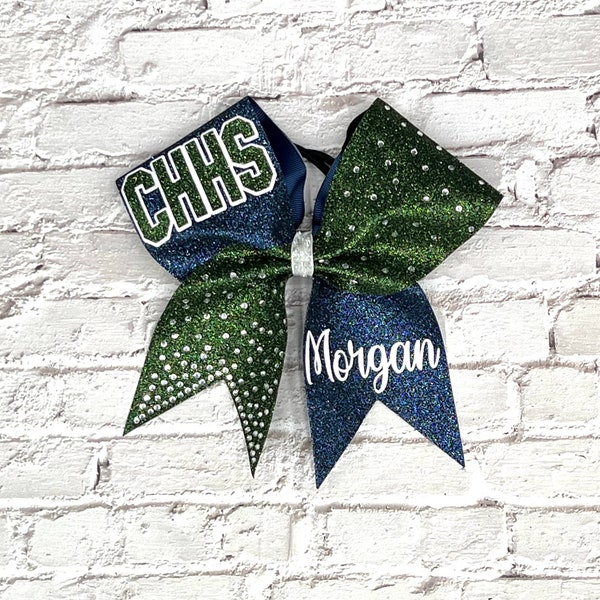 All Glitter competition cheer bow with rhinestones and personalized names.  Price listed is per individual bow. Comment colors at checkout.