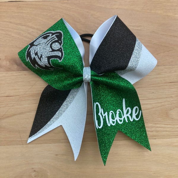 Glitter cheer bow with or without personalized names. Bows made in your team colors. Price listed is per individual bow. Glitter cheer bow