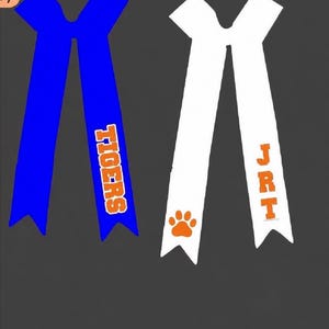 May include: Two ribbon-shaped items. One is blue with the word "TIGERS" in orange. The other is white with an orange paw print and the letters "JRT" in orange. The background is dark gray.