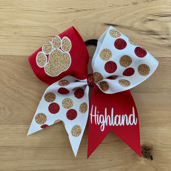 Custom cheer bow with poka dots. Bows made in your team colors. Price listed is per individual bow. Comment colors at checkout.
