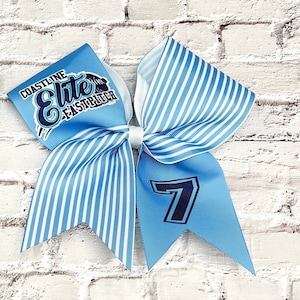 May include: A large cheerleading bow in shades of blue and white. The bow features the text "COASTLINE Elite FASTPITCH" and the number "7". The bow has a striped pattern and is tied with a white ribbon.
