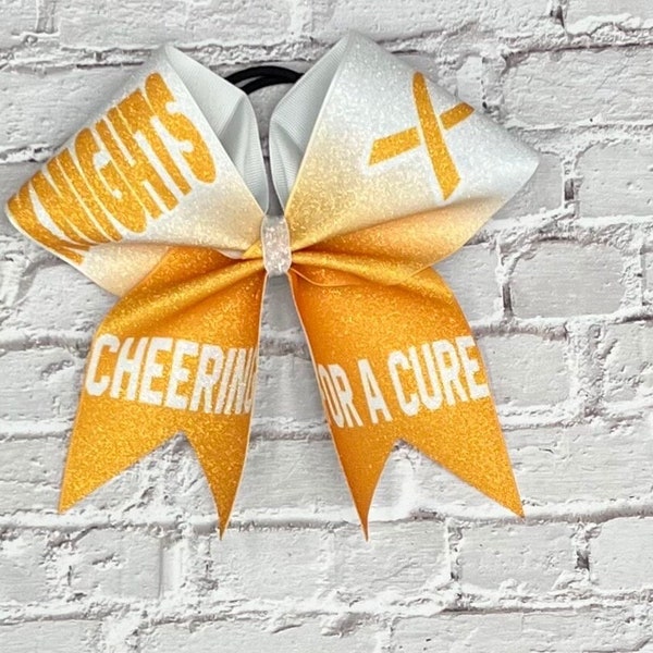 Childhood cancer sublimation cheer bow. Price listed is per bow. Childhood cancer hows, yellow awareness bows, Cheering for a cure bow.