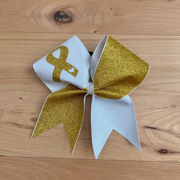 Yellow gold, white all glitter cheer bow with cancer ribbon on upper loop. Price listed is per individual bow! Cancer glitter bows