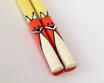 Cute Fox Bamboo Chopsticks, Wooden Japanese /Korean Handpainted unique and cute gift for sushi lover! Animal Chopsticks