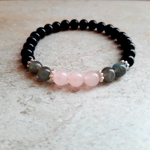 black obsidian - labradorite - rose quartz bracelet,  energy clearing - balance, anti-stress anxiety, empath protection jewelry