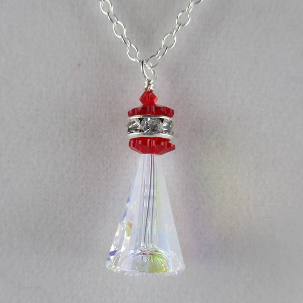 lighthouse gift, lighthouse pendant jewelry, crystal lighthouse necklace nautical pendant nautical jewelry beach necklace ocean