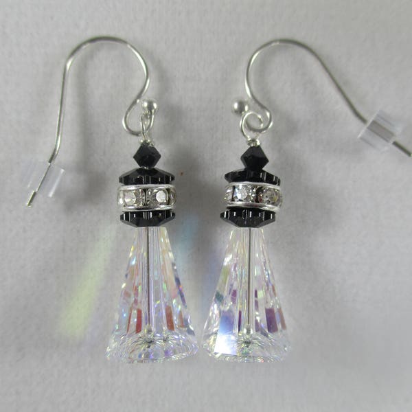 lighthouse earrings, Austrian crystal earrings, crystal lighthouse, beach earrings dangle, lighthouse earrings, iridescent earrings