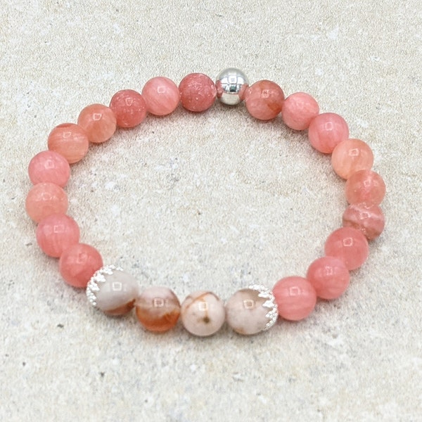 rhodochrosite bracelet w/ flower agate, self- growth, transformation, grounding, positive energy, positivity, peace, joy, gemstone jewelry