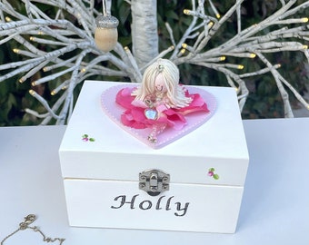 Caja de joyería de madera personalizada con hadas, caja para guardar baratijas para niñas
