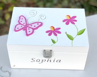 Joyero de madera blanca personalizado, mariposa, regalo para niña de las flores