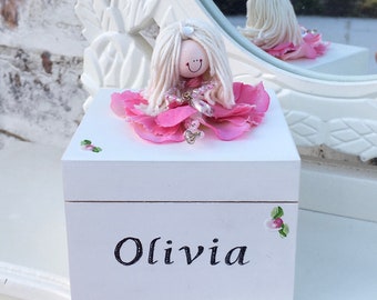 Caja de recuerdos blanca personalizada, muñeca niña de las flores, almacenamiento de joyas