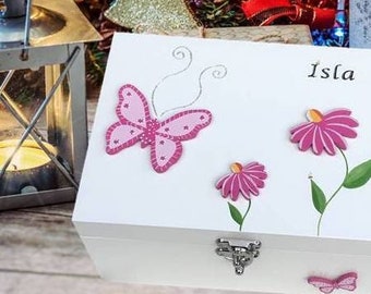 Caja de recuerdos personalizada para niñas, caja de recuerdos de madera pintada a mano