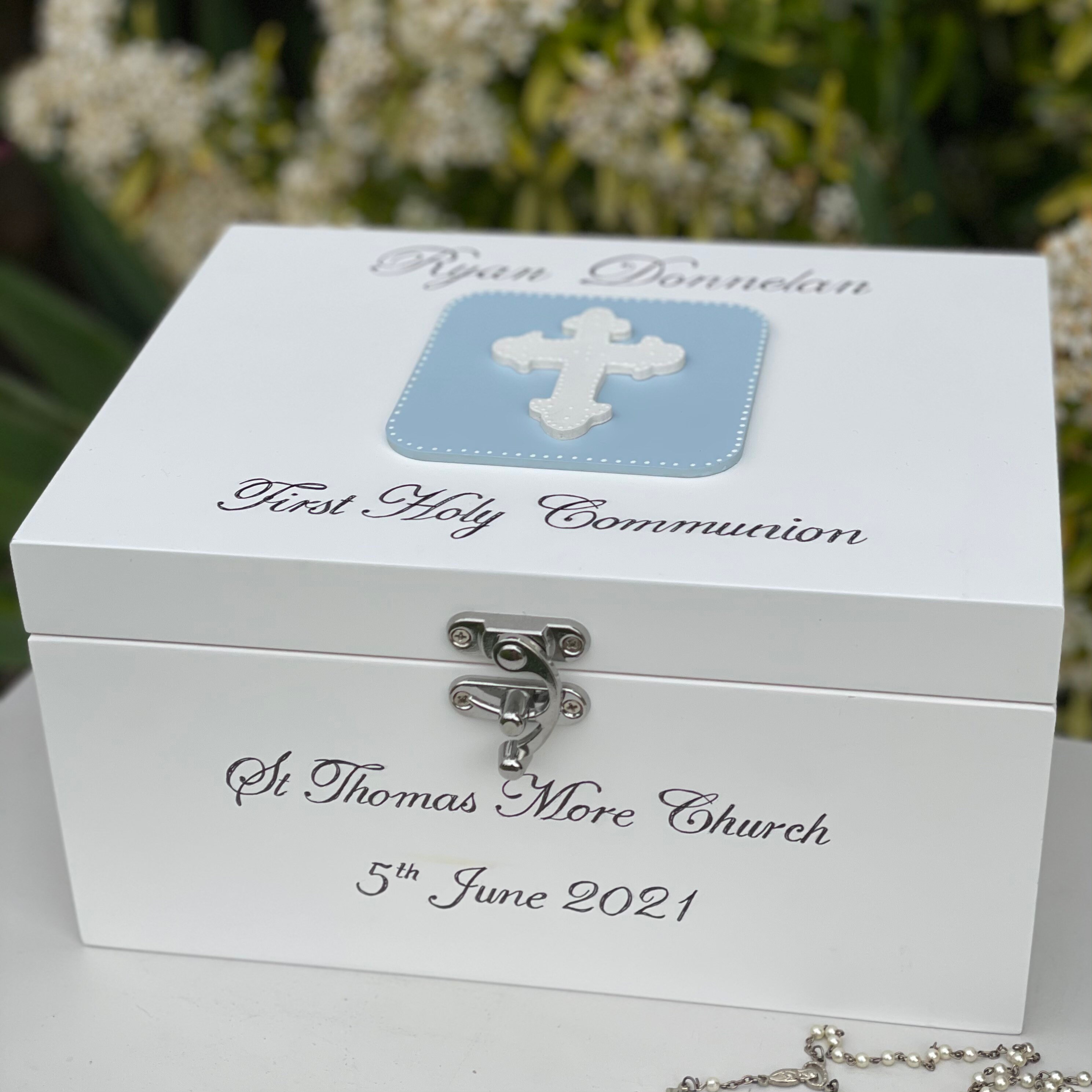 Personalised First Holy Communion Keepsake Box – White Cardboard With Cross, UV-595, UK Gift Store Online